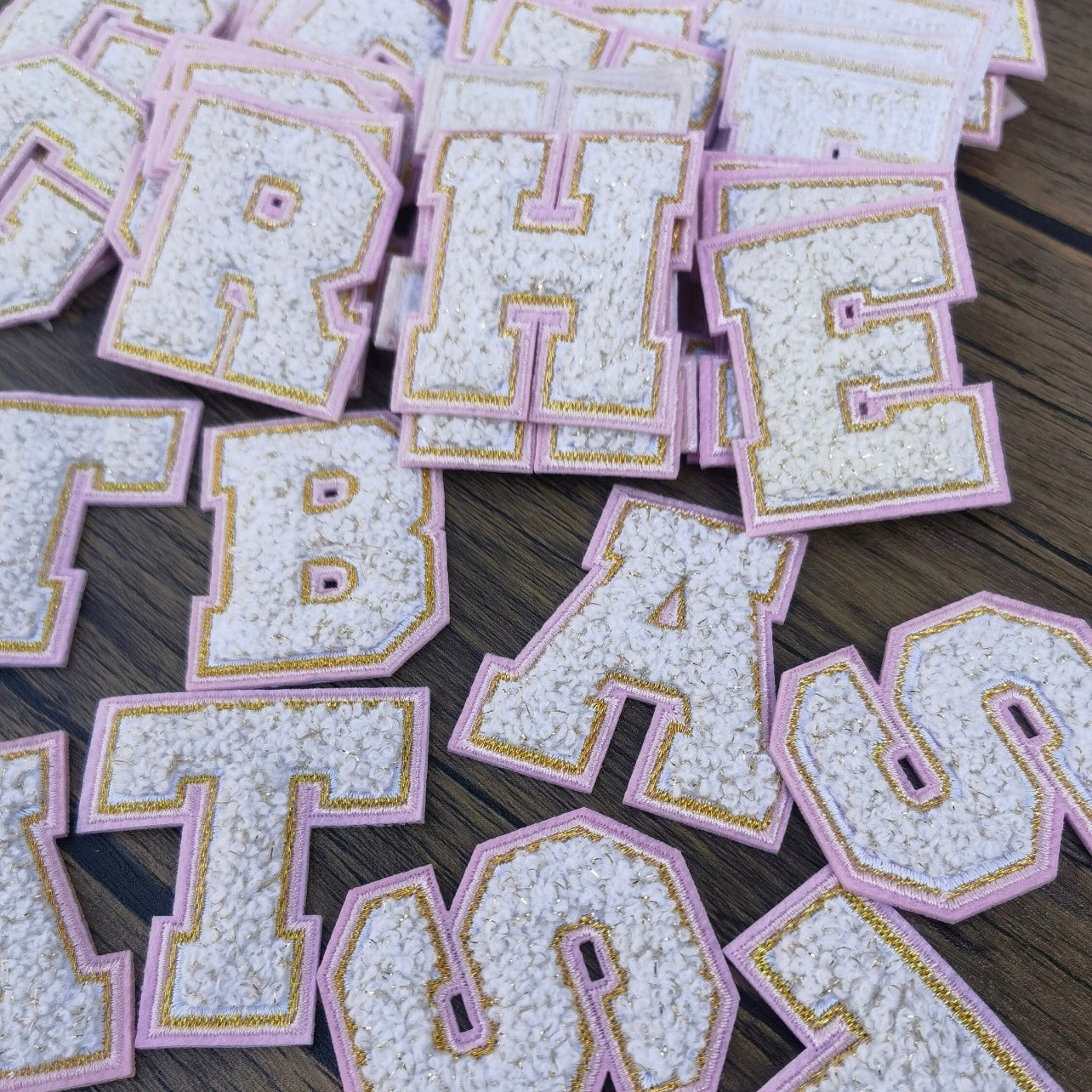 White/Pink/Gold Chenille Iron-On letter patches by A-Z alphabet appliques, easily iron on or sew on.