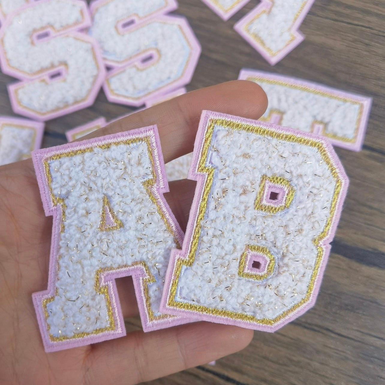 White/Pink/Gold Chenille Iron-On letter patches by A-Z alphabet appliques, easily iron on or sew on.