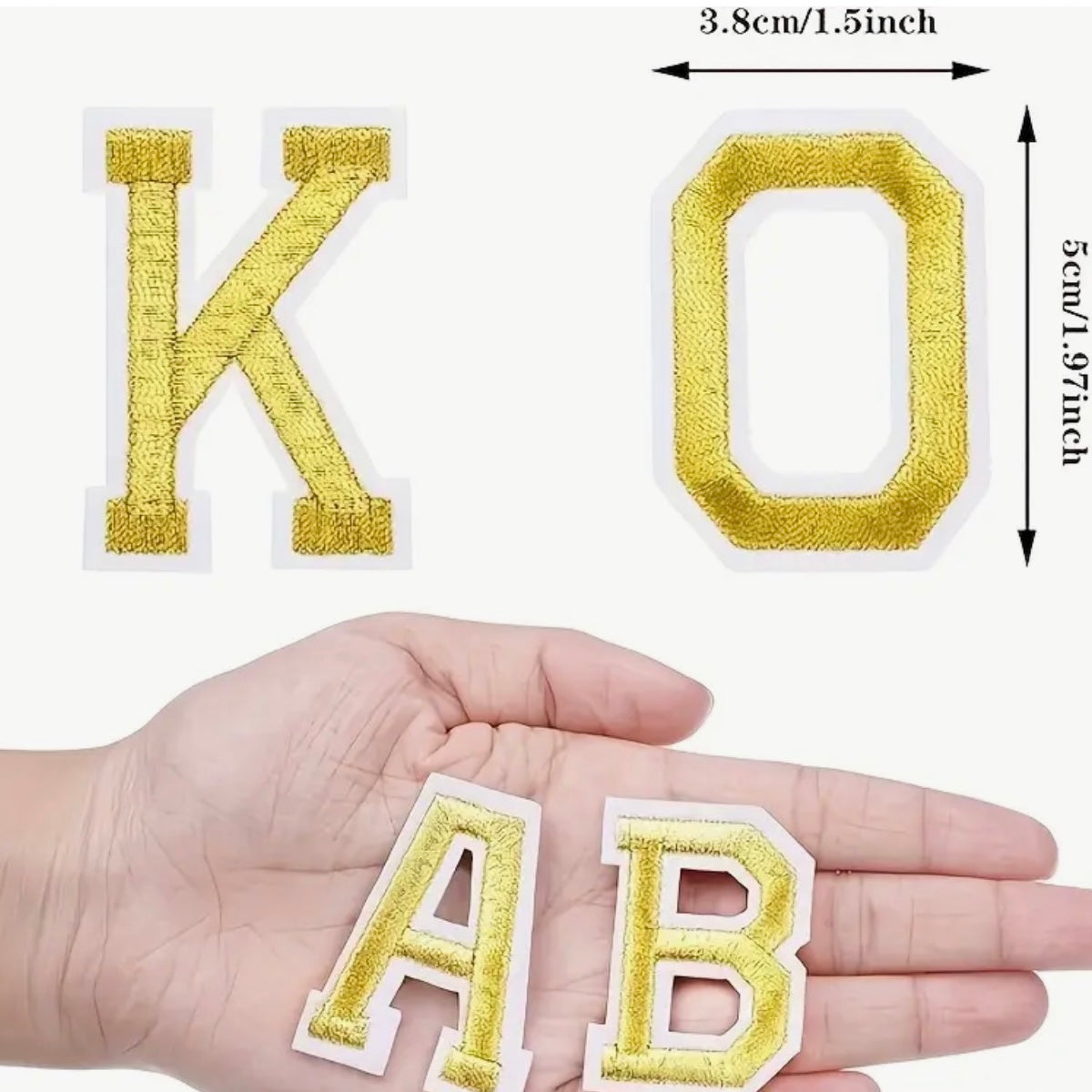 Gold Iron-On letter patches by A-Z alphabet appliques, easily iron on or sew on.