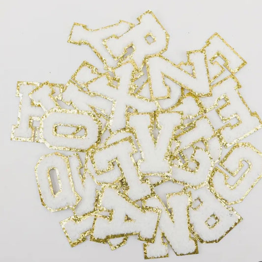 White/Gold Chenille Iron-On letter patches by A-Z alphabet appliques, easily iron on or sew on.