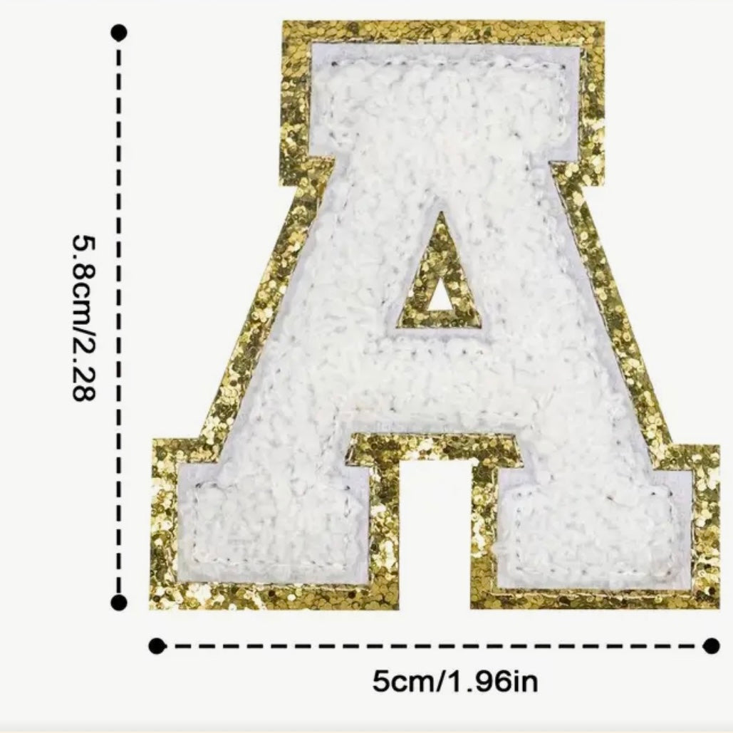 White/Gold Chenille Iron-On letter patches by A-Z alphabet appliques, easily iron on or sew on.