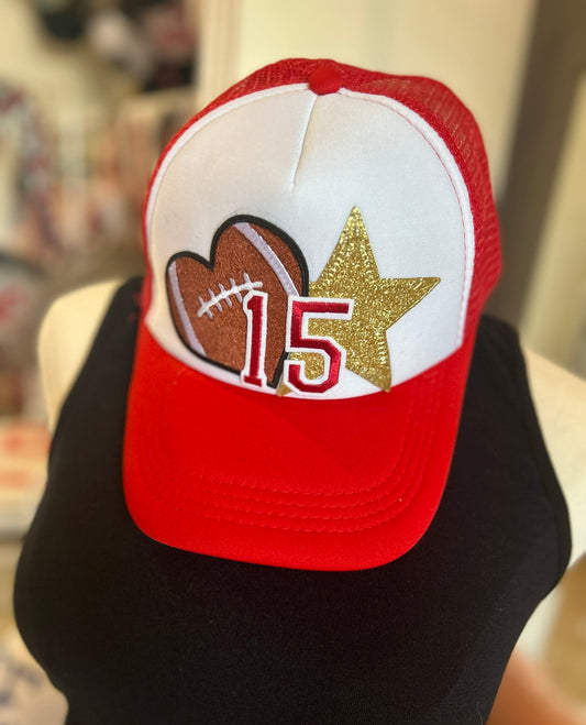 Red and Gold 15 Football Trucker Hat