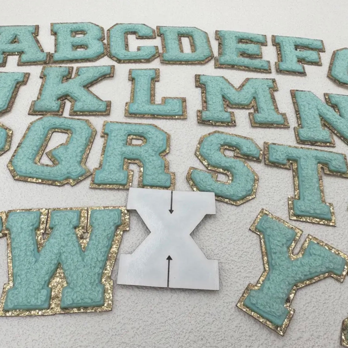 Aqua/Gold Chenille Iron-On letter patches by A-Z alphabet appliques, easily iron on or sew on.