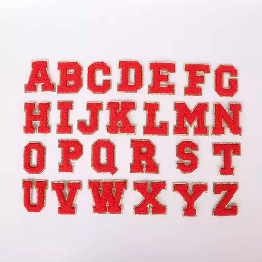 Red/Gold Chenille Iron-On letter patches by A-Z alphabet appliques, easily iron on or sew on.