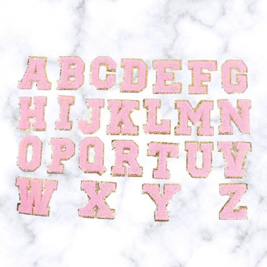 Pink/Gold Chenille Iron-On letter patches by A-Z alphabet appliques, easily iron on or sew on.