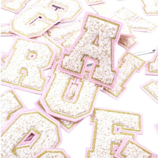 White/Pink/Gold Chenille Iron-On letter patches by A-Z alphabet appliques, easily iron on or sew on.