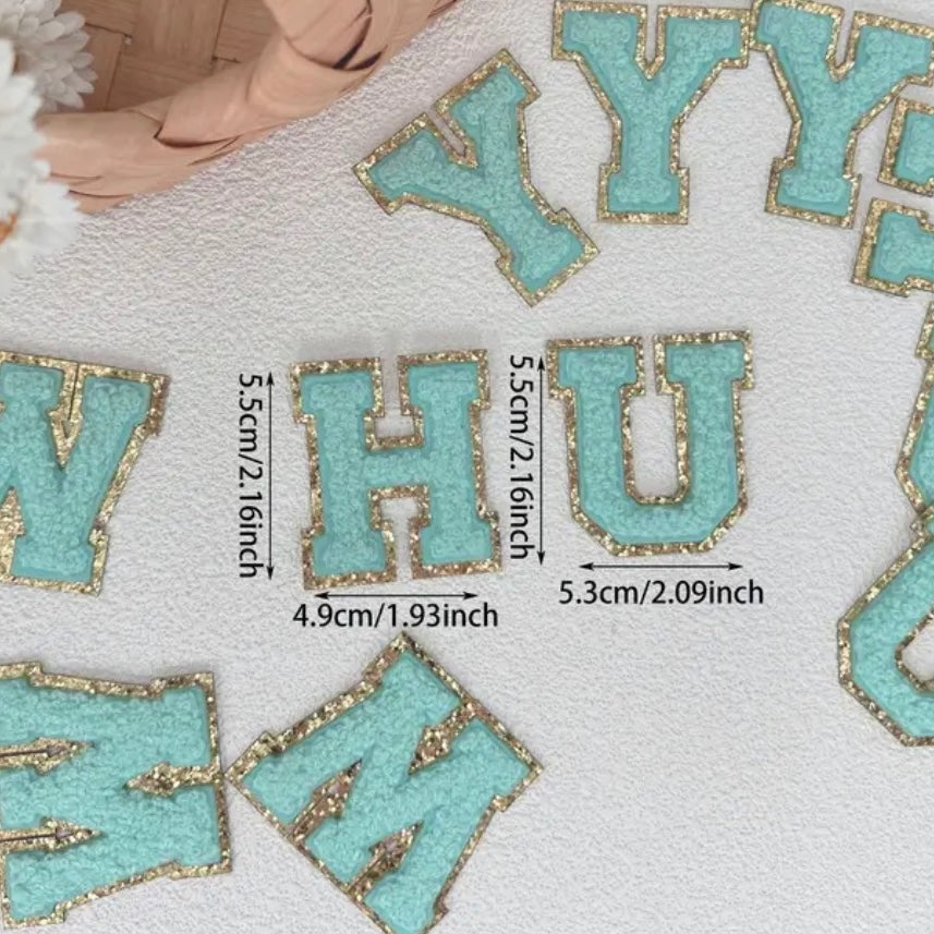 Aqua/Gold Chenille Iron-On letter patches by A-Z alphabet appliques, easily iron on or sew on.