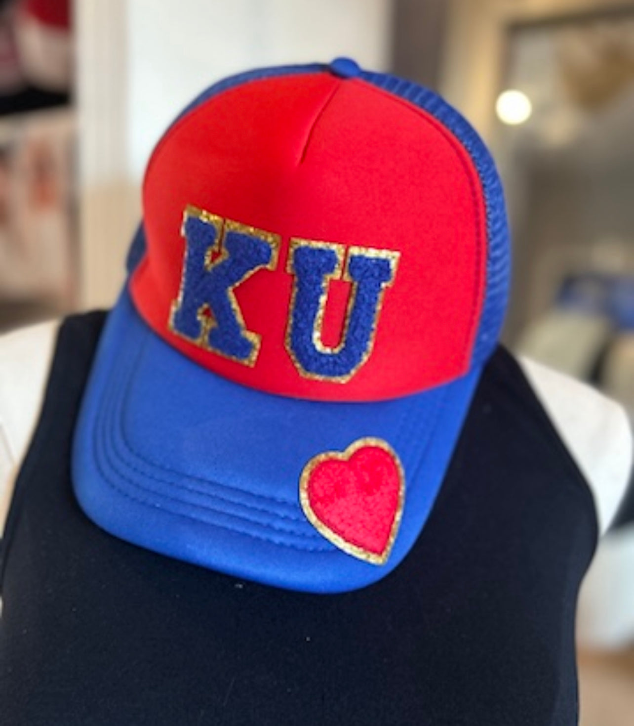 KU Red and Blue Heart Trucker Hat