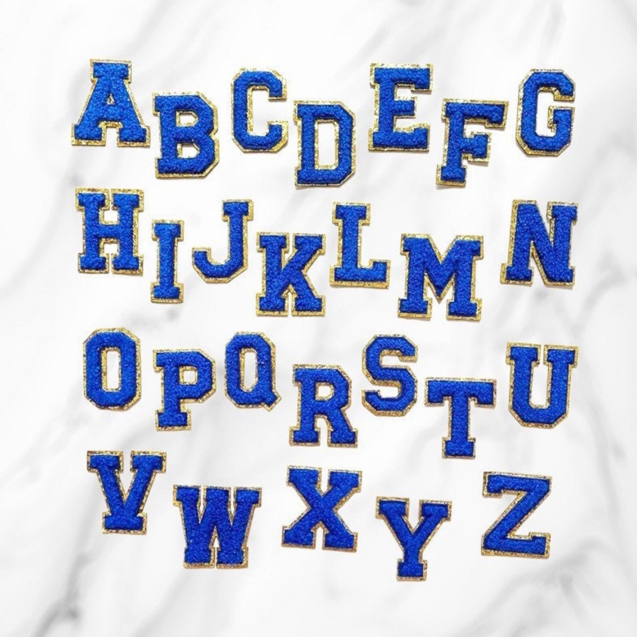 Blue/Gold Chenille Iron-On letter patches by A-Z alphabet appliques, easily iron on or sew on.