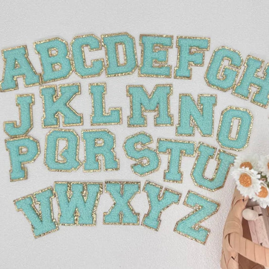 Aqua/Gold Chenille Iron-On letter patches by A-Z alphabet appliques, easily iron on or sew on.