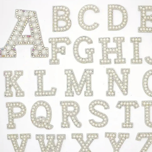 Sparkling White Faux Pearl & Rhinestone A-Z Letter Patches - Elegant DIY Craft Accessories for Men & Women, Ideal for Customizing Hats, Bags, and Clothes, English Letters, Rhinestone Patch, DIY Crafts, Leisure Style,