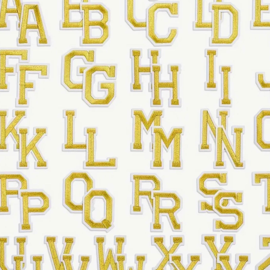 Gold Iron-On letter patches by A-Z alphabet appliques, easily iron on or sew on.