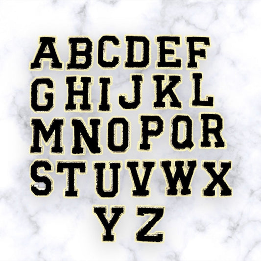 Black/Gold Chenille Iron-On letter patches by A-Z alphabet appliques, easily iron on or sew on.