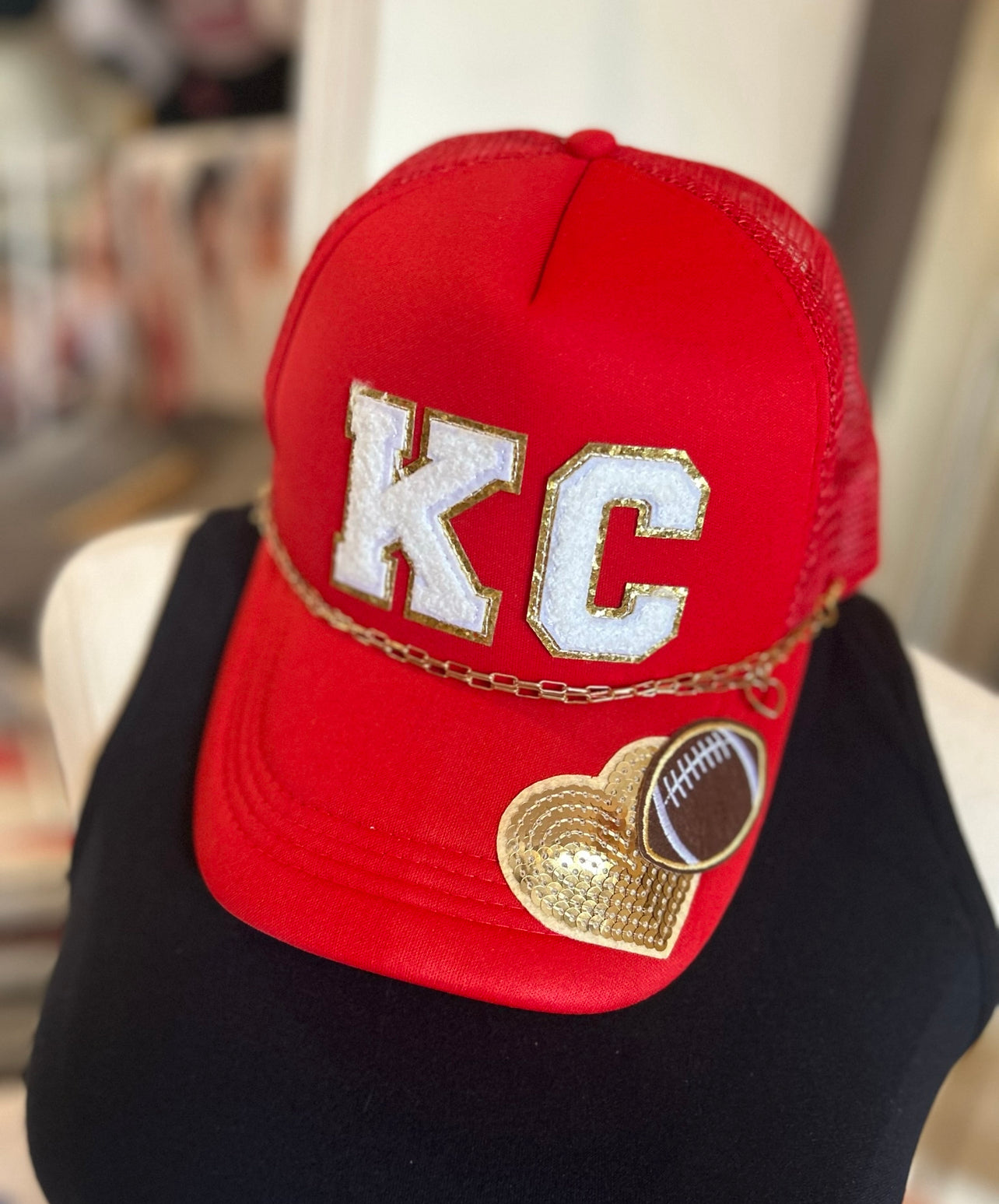 KC Red Heart Football Trucker Hat